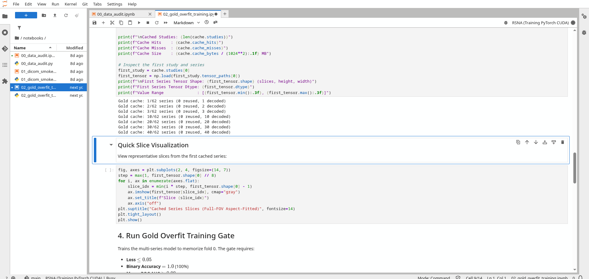 Jupyter notebook cell inspecting tensor shapes and setting overfit gate requirements